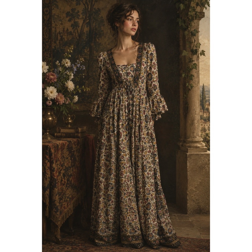Renaissance Floral Maxi Dress Women XL Cottage Boho Renfest LongSleeve Bell Cuff